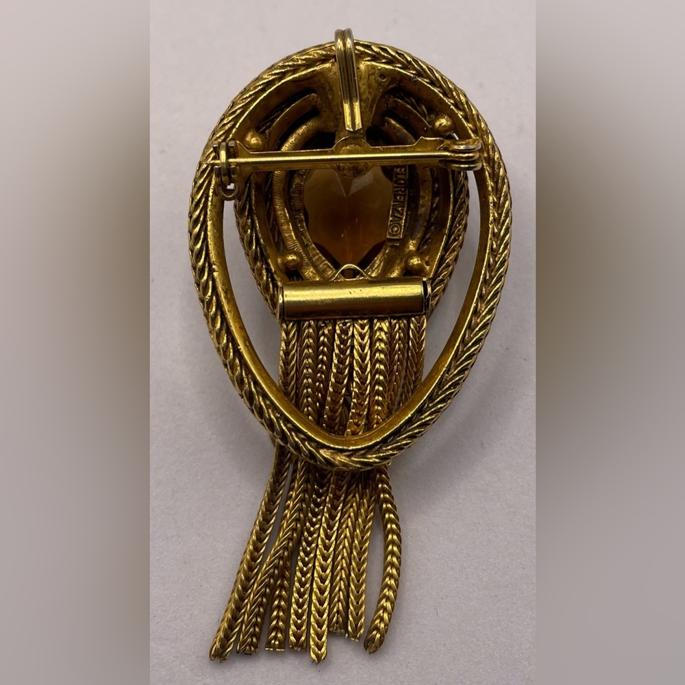 Vintage Signed Florenza Gold Tone Etruscan Revival Brooch Pin Topaz Crystal - Picture 7 of 11